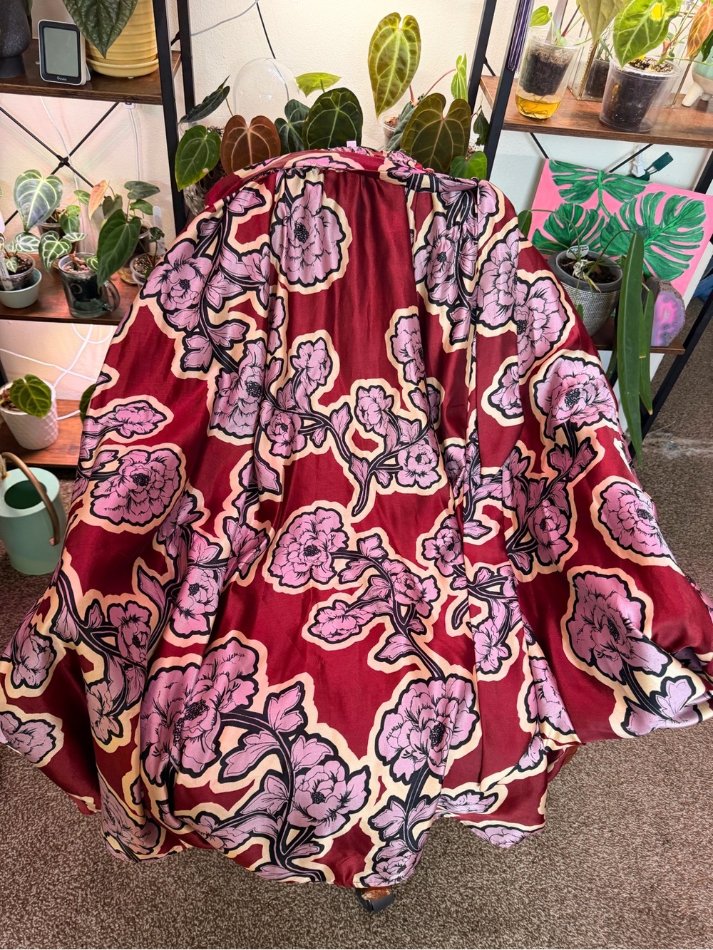 Bold Floral Satin Kimono Jacket in Burgundy & Pink